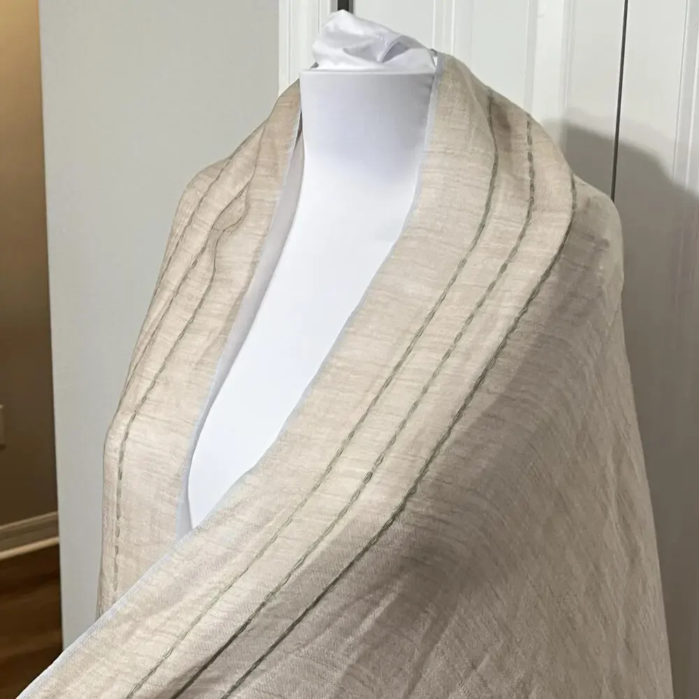 Loro Piana Shawl Wrap Womens Long Beige Cashmere Logo Stripe Scarf Italy